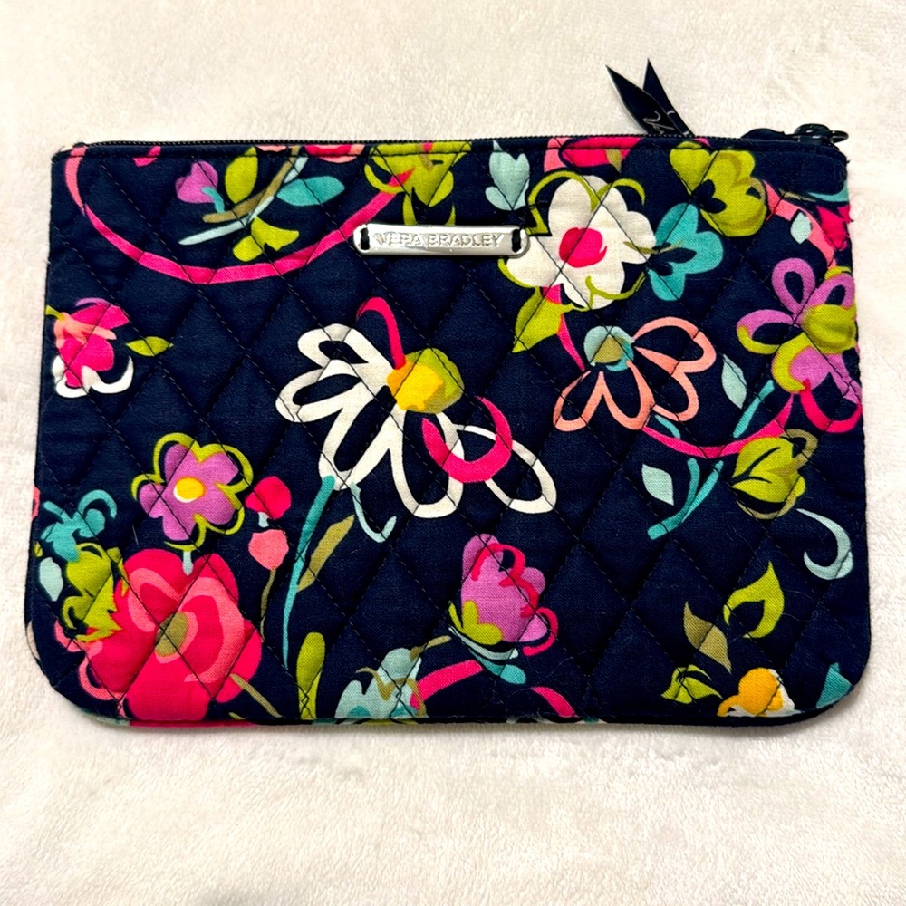 Vera Bradley Ribbons Navy Floral Quilted Zippered Cosmetic Bag 9"x 6" NWOT